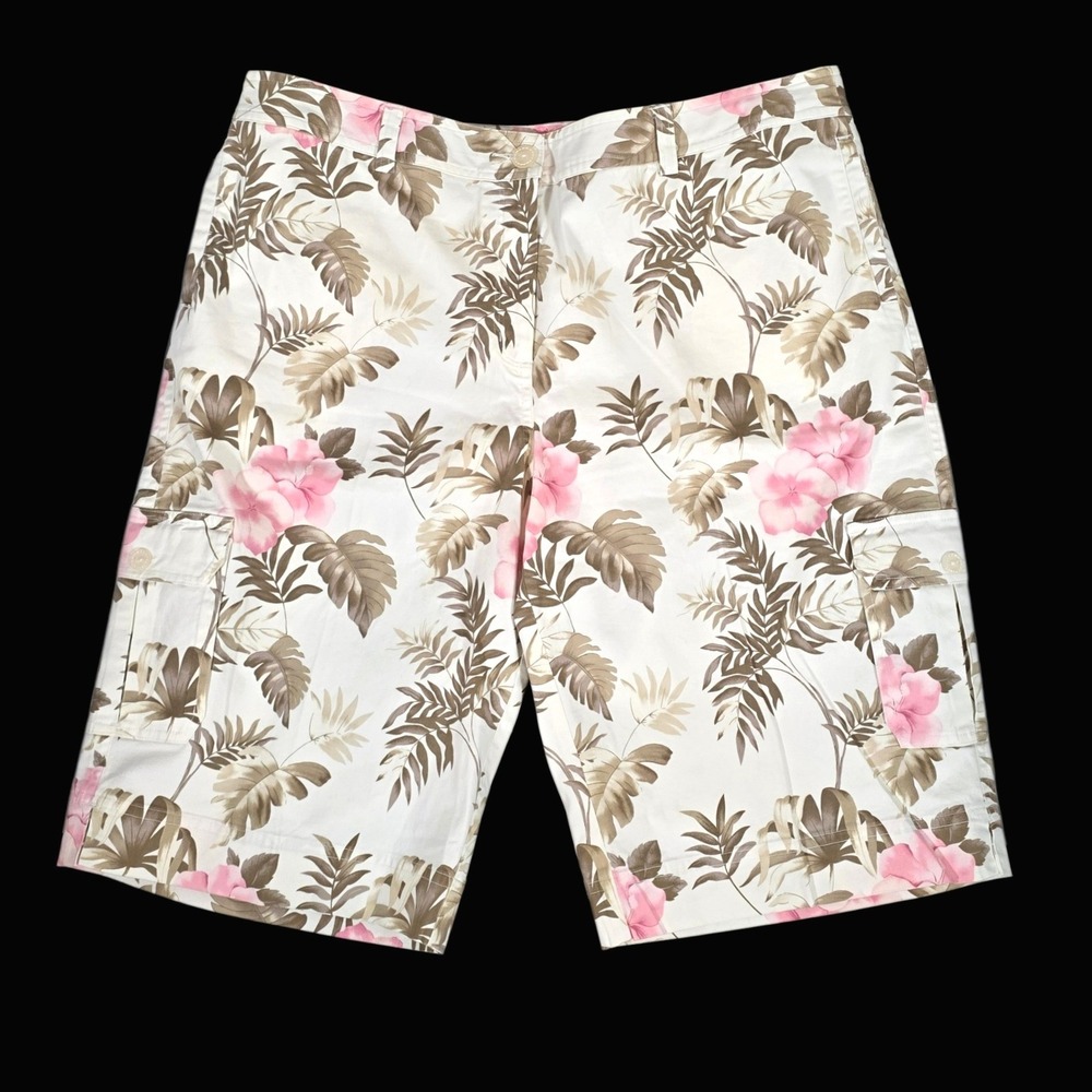 Tommy Bahama Golf Shorts Heirloom Bloom Bermuda Sz 16 Oatmeal Pink Cargo Stretch